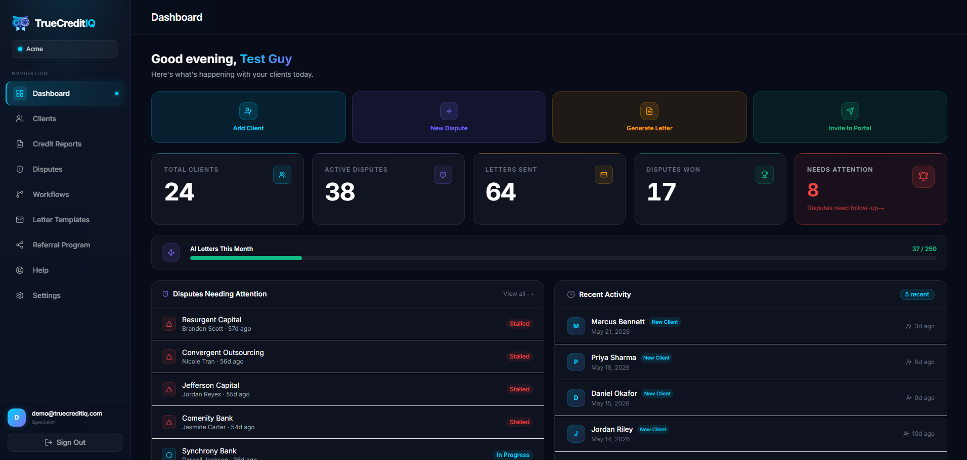 TrueCreditIQ dashboard showing 24 clients, 38 active disputes, 64 letters sent, and 17 disputes won